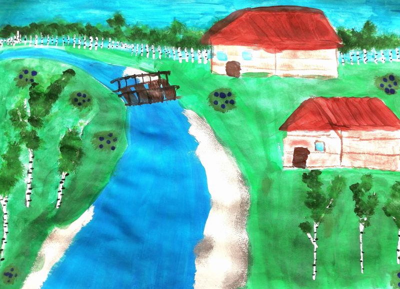 Praca plastyczna 14 latniej Julii przedstawiajaca domki z czerwonym dachem, rzekę, łąkę, drzewa.