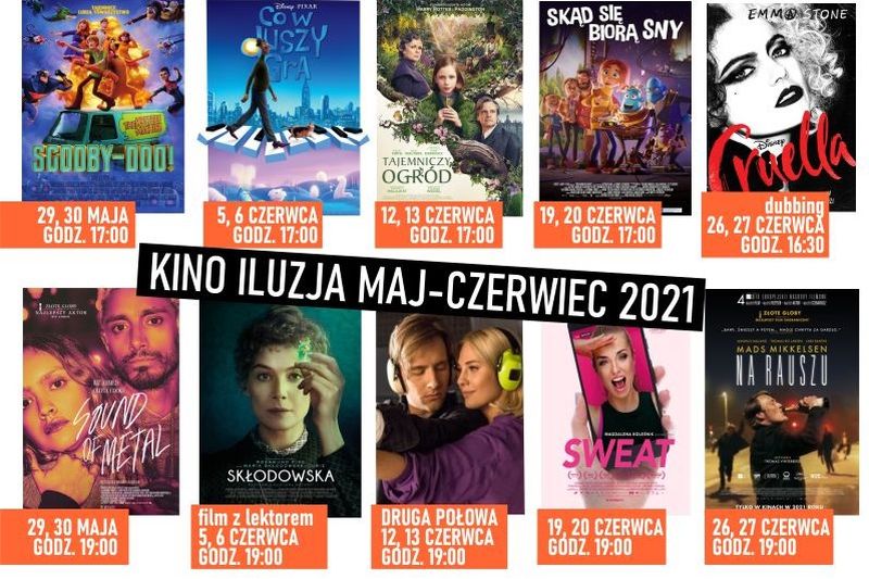 grafiki plakatów filmowych z repertuaru kina iluzja na maj i czerwiec 2021