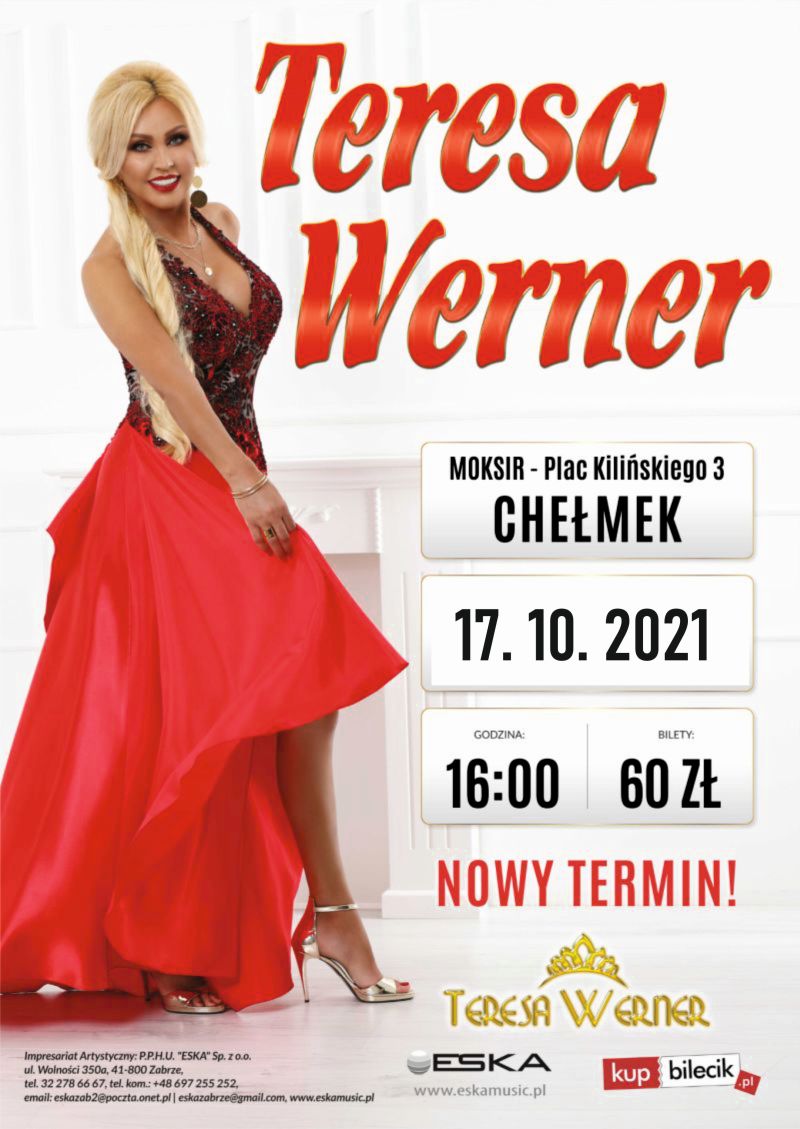 Teresa Werner w czerwonej sukience. Plakat informujacy o koncercie 17 października 2021