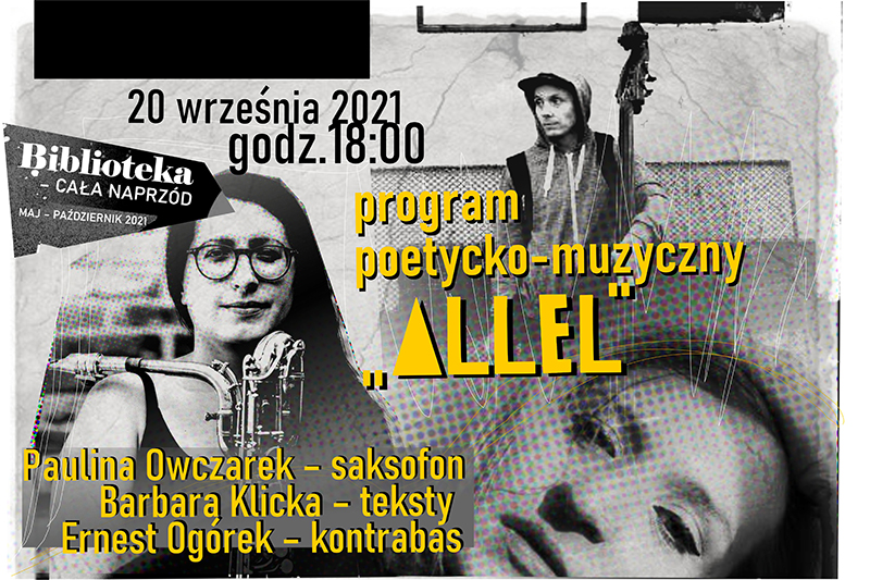 czarnobiałe zdjęcia postaci z żółtymi napisami Allel